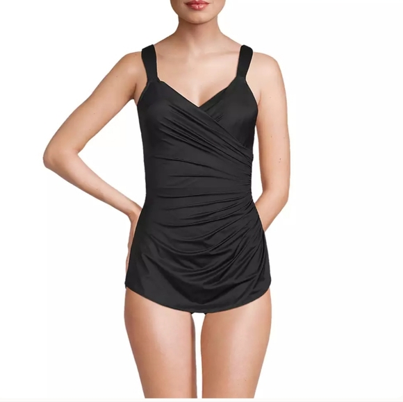 Land's End New SlenderSuit V-neck Wrap Skirted Low Leg One Piece Black Sz 10